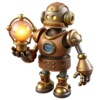 impressive minimalist wonderful rustic A steampunk robot holding a glowing orb, intricate brass and copper details, rivets and gears, dramatic spotlighting, art deco style authentic exclusive png