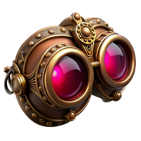 vibrant artistic wonderful minimalist A single ornate steampunk goggles, intricate filigree design, ruby lenses, glowing softly, dark background, cinematic lighting premium authentic png