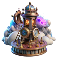 impressive rustic stunning artistic A towering steampunk clock tower, intricate gears and pipes, against a swirling nebula, vibrant, otherworldly lighting, art nouveau style, original genuine png