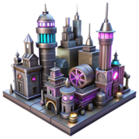 impressive vintage extraordinary classic A steampunk cityscape, towering buildings with intricate clockwork mechanisms, vibrant neon lights, cyberpunk style, premium high resolution png