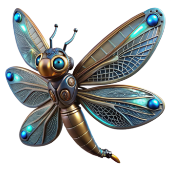 magnífico artístico elegante criativo uma steampunk libélula, com delicado, filigrana asas e brilhando conduziu olhos, intrincado relógio corpo, iluminado de uma legal, azul luz detalhado exclusivo png