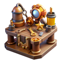 magnificent traditional beautiful classic A collection of steampunk tools, gears, wrenches, and goggles, scattered on a workbench, illuminated by a warm, ambient light exclusive professional png