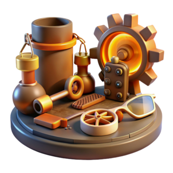 sereno artistico degno di nota astratto un' collezione di steampunk Strumenti, ingranaggi, chiavi inglesi, e occhiali, sparpagliato su un' banco di lavoro, illuminato di un' caldo, ambientale leggero alto risoluzione professionale png