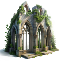 dramatic vintage wonderful minimalist A crumbling gothic cathedral overgrown with vines, dappled sunlight through broken stained glass, hyperrealistic, Greg Rutkowski style, high resolution genuine png