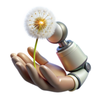 serene creative stunning classic A robotic hand delicately holding a dandelion seed, lit by a single ray of sunlight, melancholic style original high quality png