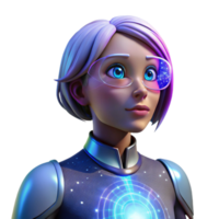 extraordinary abstract elegant modern A female cyborg with glowing blue eyes gazing at a holographic projection of a galaxy, lit by soft pink neon, cyberpunk style high quality 4K png