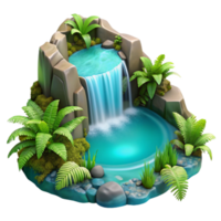 beautiful abstract dramatic artistic A cascading waterfall flowing into a crystal-clear turquoise pool, surrounded by ferns and moss, soft diffused light, fantasy art genuine high quality png