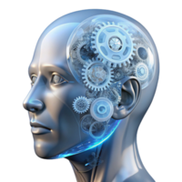 wonderful creative serene contemporary A transparent human head filled with intricate gears and wires, illuminated by a cool white light, anatomical drawing style professional high quality png