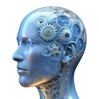 serene rustic wonderful abstract A transparent human head filled with intricate gears and wires, illuminated by a cool white light, anatomical drawing style high quality exclusive png