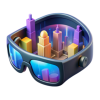 magnificent minimalist beautiful classic A pair of augmented reality glasses displaying complex data overlays, reflecting a bright cityscape, product photography style high resolution detailed png