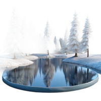 stunning modern wonderful artistic A frozen lake reflecting a clear winter sky, snow-covered trees lining the shore, serene, peaceful, high resolution authentic png