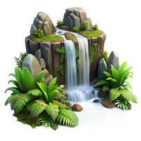 vibrant modern magnificent rustic A cascading waterfall crashing onto moss-covered rocks, surrounded by lush, vibrant green ferns, with misty, ethereal lighting, in a romantic painting style... png