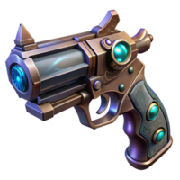 extraordinary minimalist magnificent traditional A detailed illustration of a steampunk pistol, intricate engravings, glowing crystals embedded in the handle, dark, moody lighting genuine 4K png