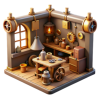 stunning contemporary wonderful classic A scene depicting a steampunk workshop, filled with tools, gears, and inventions, cluttered yet organized, warm, inviting lighting detailed authentic png