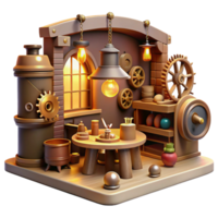 wonderful contemporary elegant rustic A scene depicting a steampunk workshop, filled with tools, gears, and inventions, cluttered yet organized, warm, inviting lighting high resolution original png