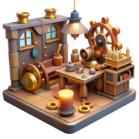 stunning abstract wonderful abstract A scene depicting a steampunk workshop, filled with tools, gears, and inventions, cluttered yet organized, warm, inviting lighting original premium png