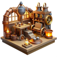 dramatic classic wonderful abstract A scene depicting a steampunk workshop, filled with tools, gears, and inventions, cluttered yet organized, warm, inviting lighting detailed high quality png