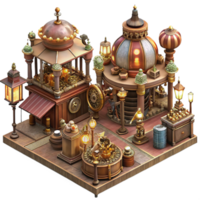 magnificent vintage vibrant minimalist A bustling steampunk marketplace, filled with intricate clockwork contraptions and automatons, vendors in elaborate Victorian attire, illuminated by... png
