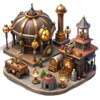 dramatic classic beautiful traditional A bustling steampunk marketplace, filled with intricate clockwork contraptions and automatons, vendors in elaborate Victorian attire, illuminated by... png