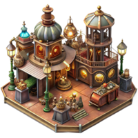 dramatic artistic stunning classic A bustling steampunk marketplace, filled with intricate clockwork contraptions and automatons, vendors in elaborate Victorian attire, illuminated by flickering... png