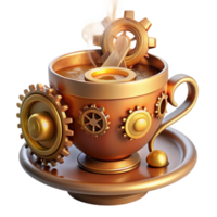 stunning creative dramatic traditional A steampunk teacup, adorned with gears and cogs, emitting steam and a soft golden glow, against a dark backdrop.... png
