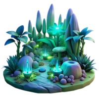 stunning abstract beautiful rustic Bio-luminescent flora and fauna illuminating a misty alien forest at twilight, vibrant blues and greens, art nouveau style genuine professional png