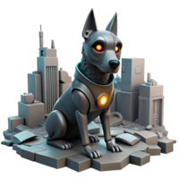 stunning vintage beautiful modern A robotic dog with glowing eyes, sitting amidst the ruins of a futuristic city, under a smoky sky. Dystopian, gritty style authentic genuine png