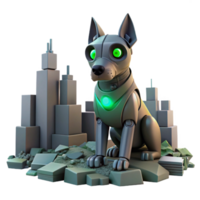 stunning abstract serene abstract A robotic dog with glowing eyes, sitting amidst the ruins of a futuristic city, under a smoky sky. Dystopian, gritty style premium original png
