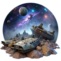 wonderful contemporary magnificent artistic A spaceship graveyard, derelict ships floating in space, nebula backdrop, eerie, atmospheric lighting. Space opera style professional premium png