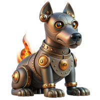 dramatic classic serene traditional A steampunk robotic dog, intricate clockwork mechanisms visible, sitting obediently, lit by a warm fireplace glow, photorealistic style 4K professional png