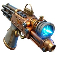 extraordinary vintage impressive minimalist A steampunk weapon, a rifle with intricate gears and glowing tubes, held by a gloved hand, dimly lit, cinematic lighting, realistic style detailed genuine png