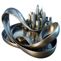 serene contemporary impressive abstract Flowing ribbons of liquid mercury, reflecting distorted images of a fragmented cityscape, under a dim, atmospheric light. Dark fantasy style 4K premium png