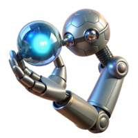 vibrant contemporary serene minimalist A chrome robotic arm delicately holding a glowing orb of data, intricate wires visible within the arm, studio lighting, cyberpunk style high quality high quality png