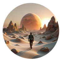 beautiful vintage dramatic artistic A lone wanderer traversing a vast desert landscape, silhouetted against a twin sunset, desolate and atmospheric, science fantasy style, Moebius professional premium png