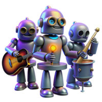 extraordinary creative magnificent rustic A group of stylized robots, each with unique designs and glowing accents, playing musical instruments in a smoky, dimly lit jazz club genuine exclusive png