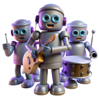 beautiful rustic impressive artistic A group of stylized robots, each with unique designs and glowing accents, playing musical instruments in a smoky, dimly lit jazz club premium exclusive png