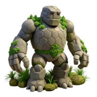 dramatic contemporary dramatic minimalist A colossal golem made of living stone lumbering through a dense jungle, dappled sunlight and shadow, realistic style high resolution authentic png