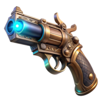 elegant traditional beautiful creative A detailed steampunk pistol, ornate engravings and glowing crystals embedded in the handle, dramatic spotlight from above authentic detailed png