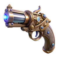 beautiful creative serene artistic A detailed steampunk pistol, ornate engravings and glowing crystals embedded in the handle, dramatic spotlight from above detailed authentic png