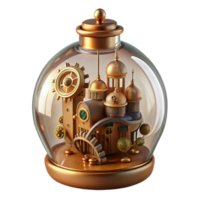 wonderful creative serene rustic A miniature steampunk world contained within a glass bottle, intricate clockwork mechanisms and tiny buildings, warm, inviting lighting original exclusive png