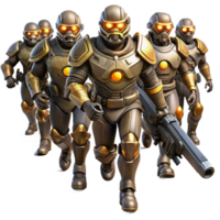 dramatic rustic elegant modern A group of steampunk soldiers in power armor, armed with futuristic weaponry, marching towards the viewer, dynamic lighting and imposing composition authentic premium png
