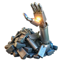 dramatic artistic dramatic artistic A robotic hand reaching out from a pile of scrap metal, illuminated by a single beam of light, post-apocalyptic style professional exclusive png