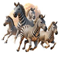 beautiful modern elegant traditional A herd of zebras running across the savanna, dust clouds billowing behind them, dynamic and powerful composition, wildlife photography style authentic genuine png