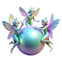 vibrant classic serene modern A group of playful, winged sprites dancing around a glowing, spherical orb of pure light. Art Nouveau style, iridescent colors high quality authentic png