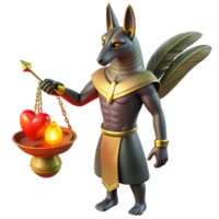 elegant creative vibrant modern Anubis weighing a human heart against a feather in the Duat, ancient Egyptian murals style, dim torchlight, eerie atmosphere high resolution genuine png