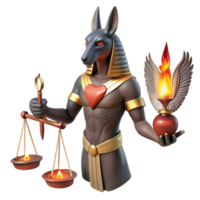 impressive vintage wonderful rustic Anubis weighing a human heart against a feather in the Duat, ancient Egyptian murals style, dim torchlight, eerie atmosphere exclusive detailed png