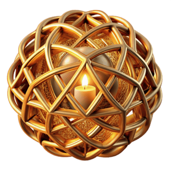 magnífico creativo elegante rústico un intrincado celosía de entretejido dorado hilos, formando complejo geométrico patrones, iluminado por un cálido, alumbrado por velas resplandor auténtico genuino png