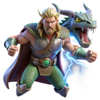 stunning creative extraordinary minimalist Thor battling Jormungandr, lightning illuminating the stormy sky, epic scale, comic book style premium 4K png