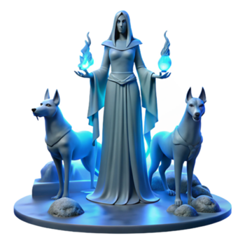 extraordinário artístico magnífico clássico Hécate às uma encruzilhada, três espectral cachorros às dela lado, envolto dentro névoa e iluminado de espectral azul luz, gótico estilo genuíno profissional png