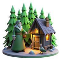 beautiful artistic stunning abstract A contemplative Baba Yaga standing in front of her chicken-legged hut, surrounded by a dark forest, eerie green lighting, Slavic folklore style high quality 4K png